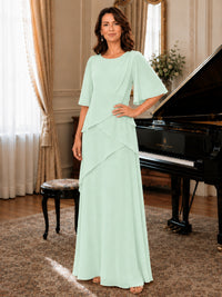 Asymmetric Draped Chiffon Mother of the Bride Dress with Flutter Sleeves