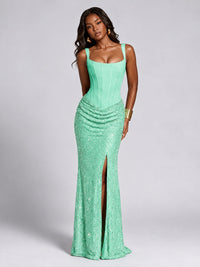 Sequin Corset Mermaid Prom Dress with Square Neck Wide Strap High Slit