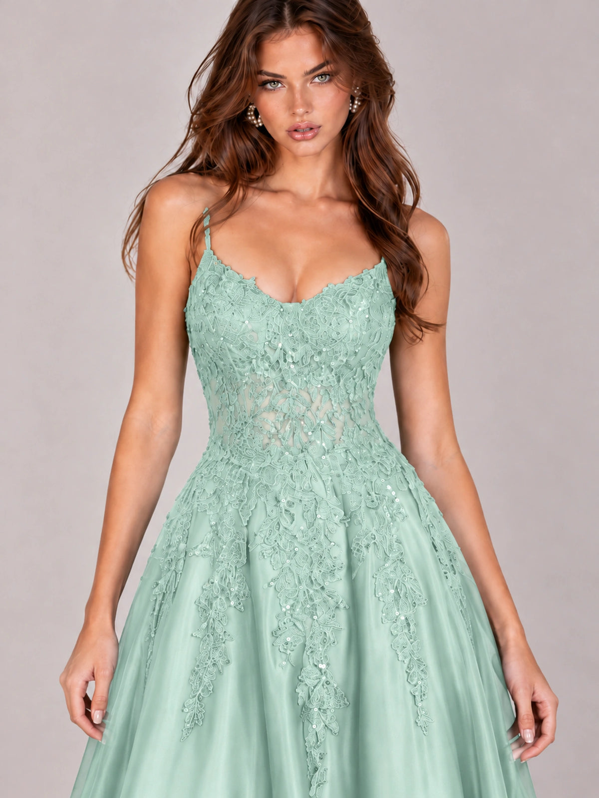 Lace Applique Satin A-Line Prom Dress with Sheer Bodice