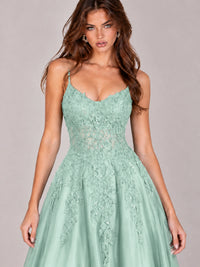 Lace Applique Satin A-Line Prom Dress with Sheer Bodice
