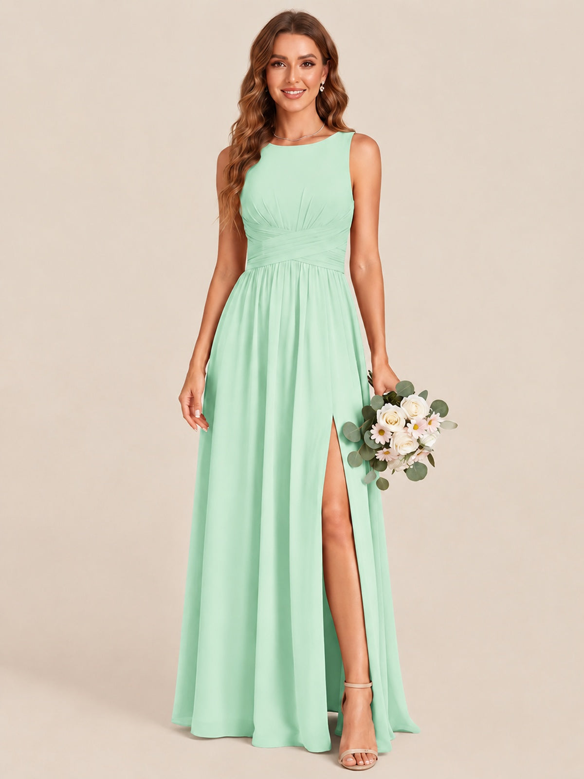 A-line Sleeveless Rucehd Chiffon Bridesmaid Dress with High Slit