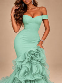 Dusty Blue Off-the-Shoulder Mermaid Prom Dress with 3D Rose & Ruffles