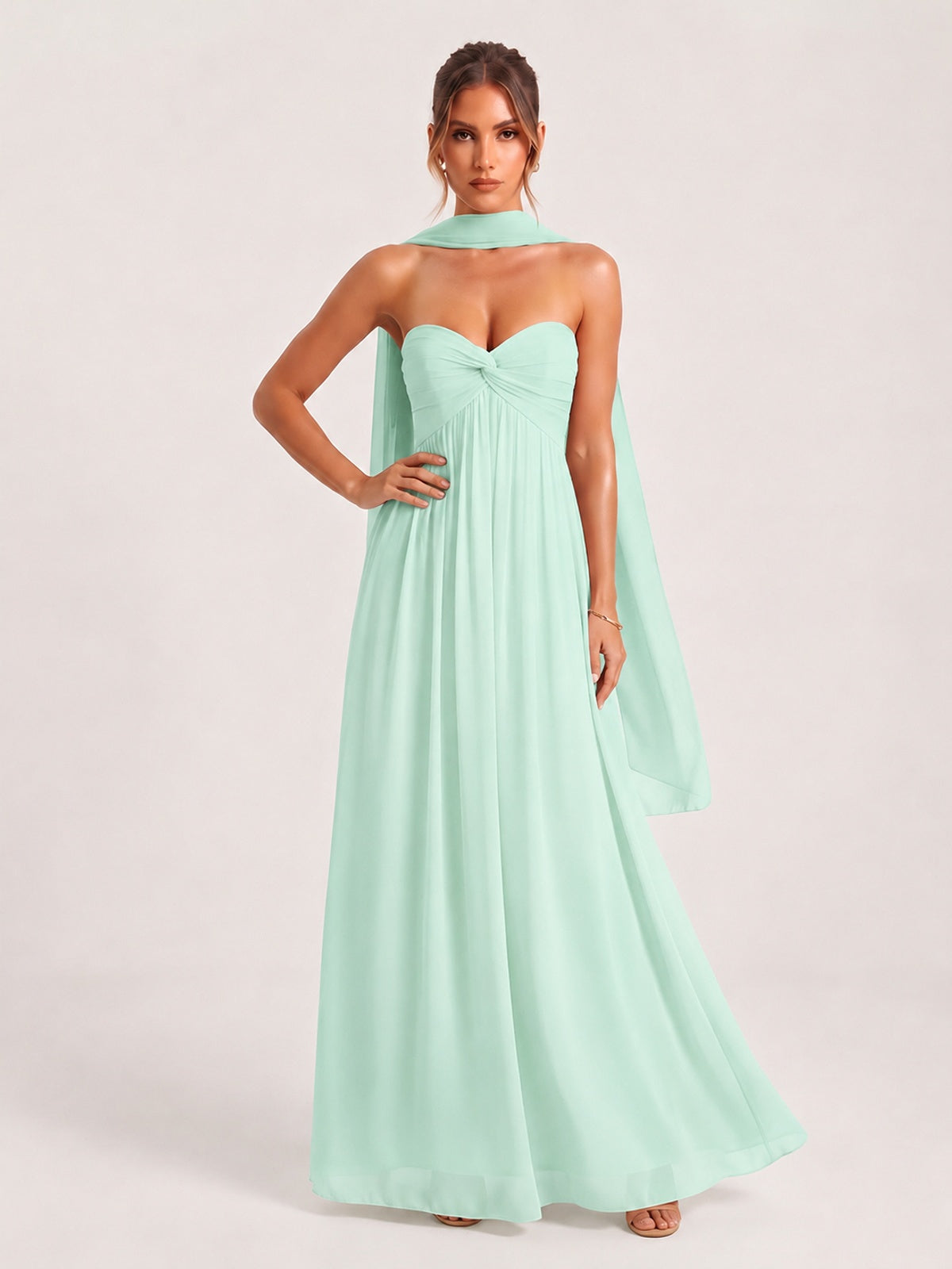 Strapless Ruched Chiffon Long Prom Dress with Scarf