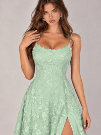 Floral Lace A-Line Prom Dress with Spaghetti Straps & High Slit