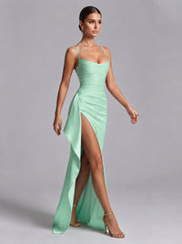 Square Neck Satin Long Prom Dress with Ruffles