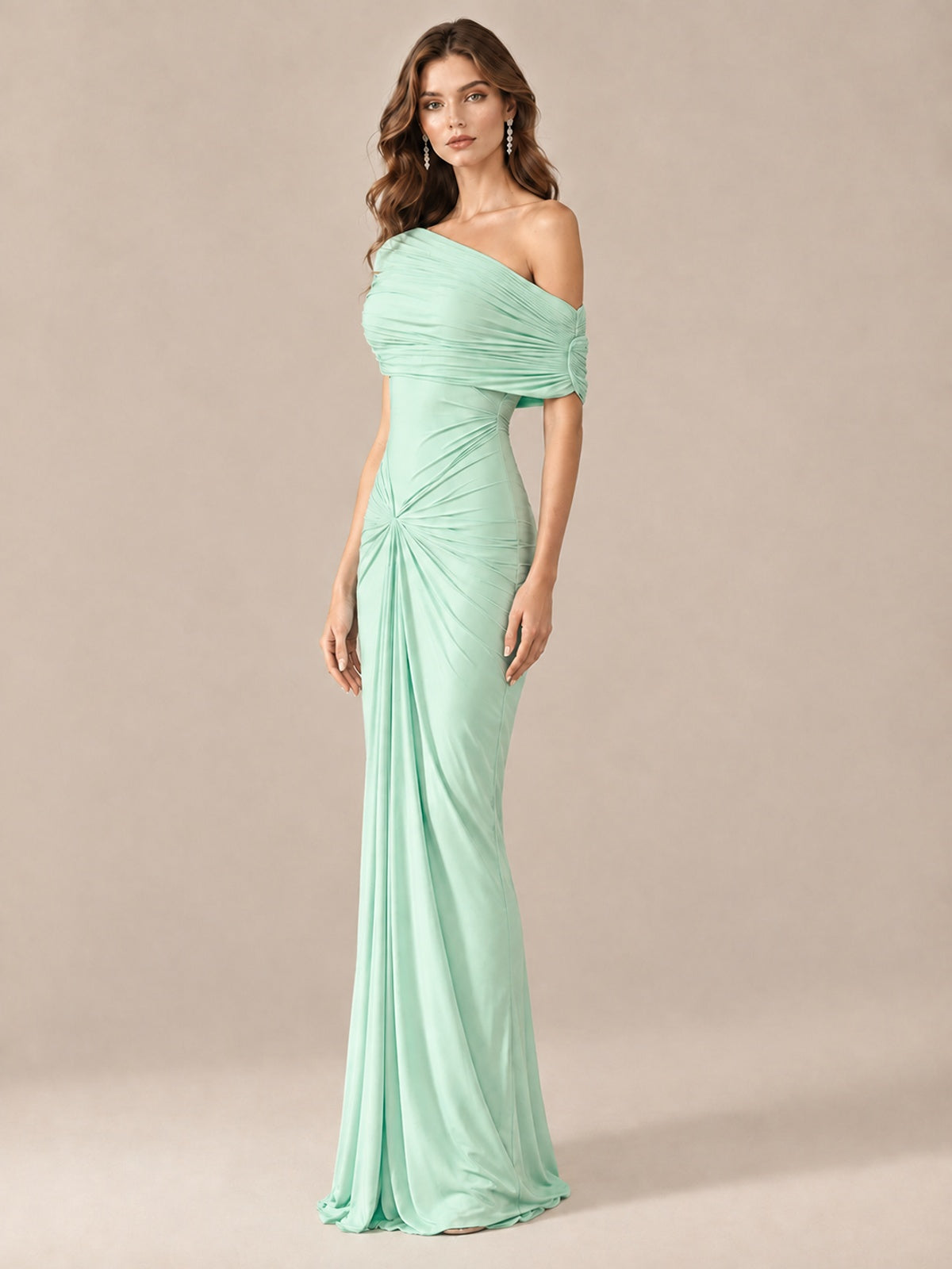 Elegant Draped Off Shoulder Ruched Mermaid Chiffon Formal Evening Gown