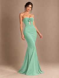 Emerald Green Strapless Mermaid Prom Dress with 3D Rose & Keyhole Cutout