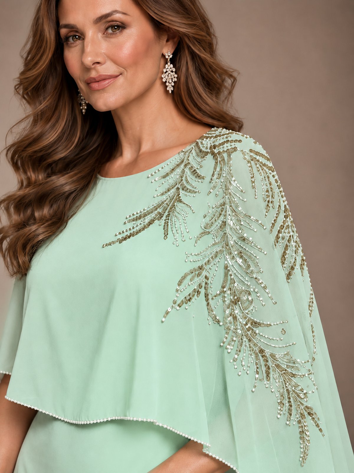 Elegant Chiffon Cape Sleeve Beaded Mother of the Bride Dress