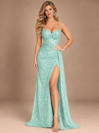 Burgundy Sequin Corset Prom Dress with High Slit