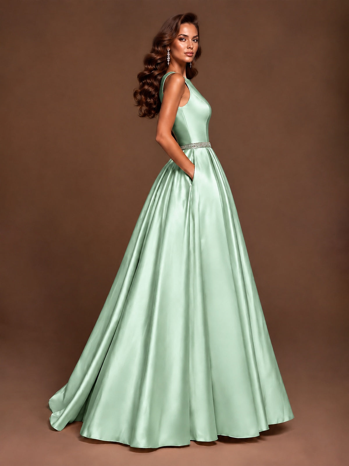 Satin A-Line Prom Dress Sleeveless Beaded Waist Formal Gown with Pockets