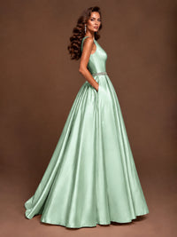 Satin A-Line Prom Dress Sleeveless Beaded Waist Formal Gown with Pockets