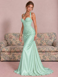 Sparkling Halter Corset Satin Mermaid Prom Dress