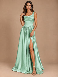 Cowl Neck Pleated Satin Prom Dress with Pockets & Slit Maxi Formal Gowns