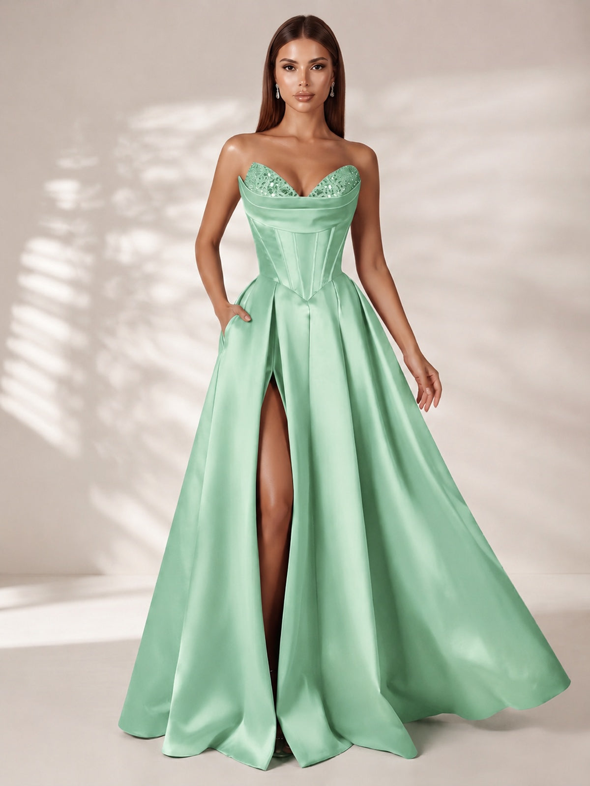 Strapless Corset Satin Prom Dress Long Evening Gown with High Slit