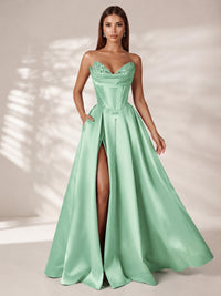 Strapless Corset Satin Prom Dress Long Evening Gown with High Slit