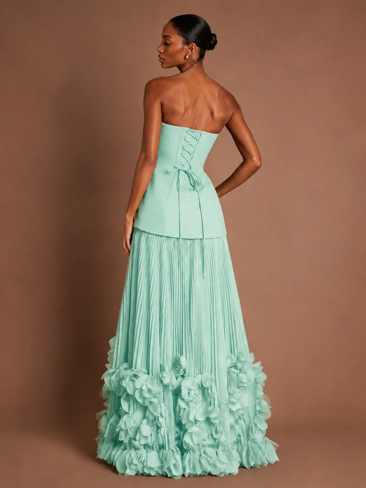 Strapless Pleated Floral Satin Formal Dress with Side Slit