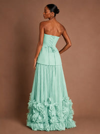 Strapless Pleated Floral Satin Formal Dress with Side Slit
