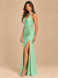 Halter V-Neck Sequin Mermaid Prom Dress with High Slit