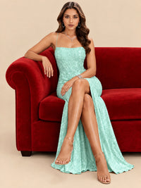 Sequin Lace Appliques Mermaid Prom Dress Spaghetti Strap Formal Gowns with Slit