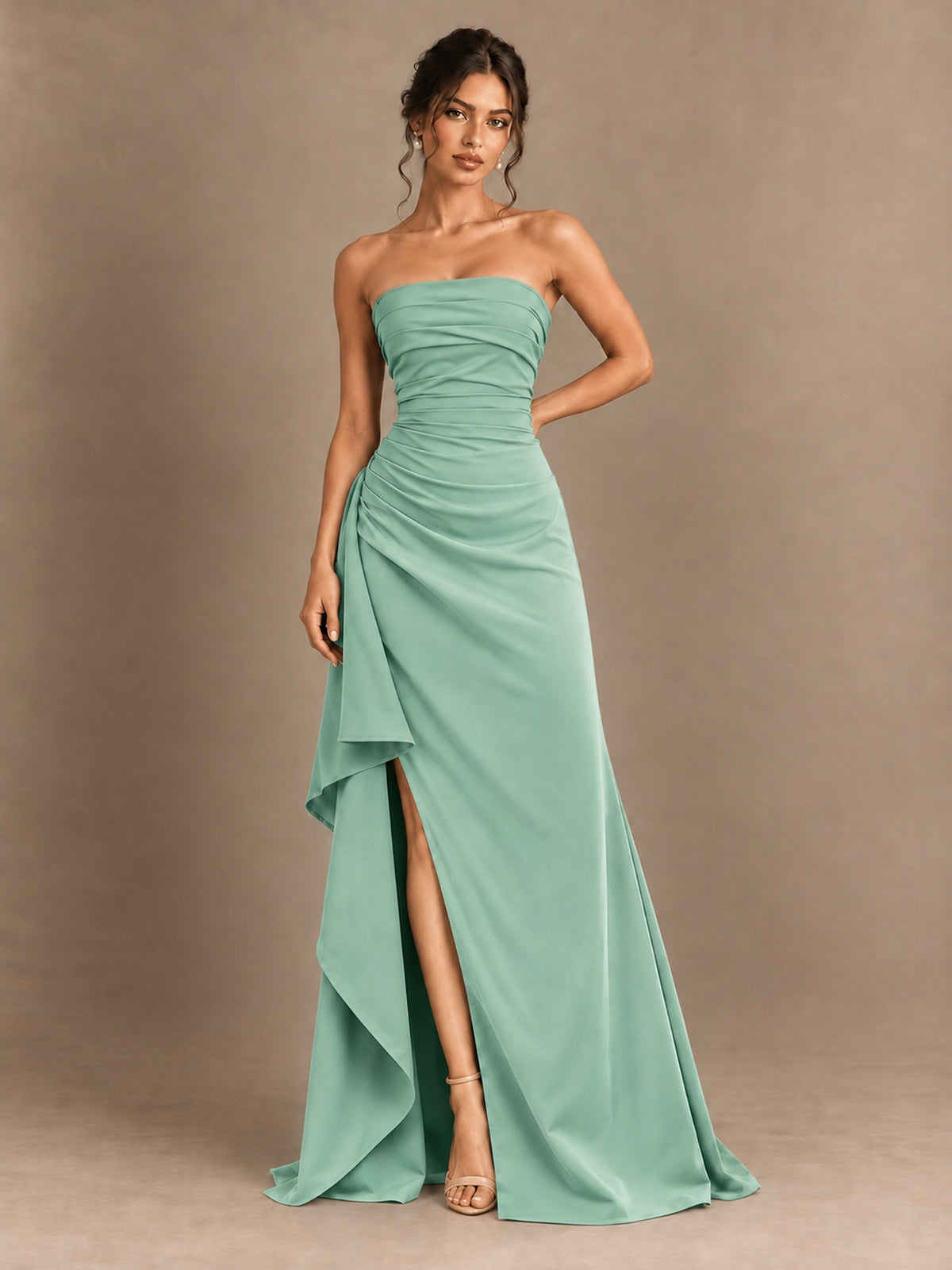 Black and White Strapless Ruched Prom Dress with High Slit & Side Drape