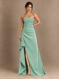 Black and White Strapless Ruched Prom Dress with High Slit & Side Drape