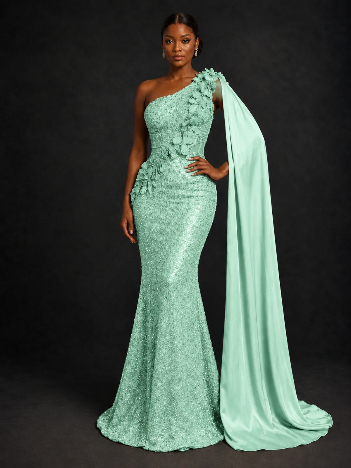 Gold Sequin One Shoulder Mermaid Prom Dress with Cape