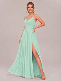 V-Neck Pleated Chiffon Long Bridesmaid Dress with Slit