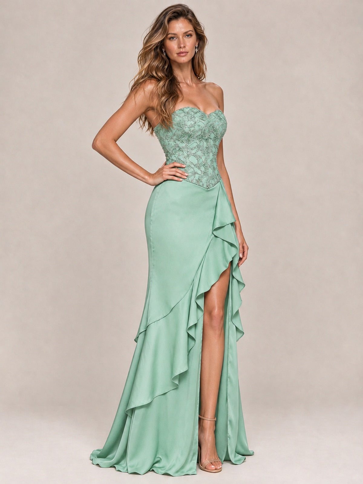 Strapless Lace Appliques Corset Satin Prom Dress Ruffle Slit Evening Gown