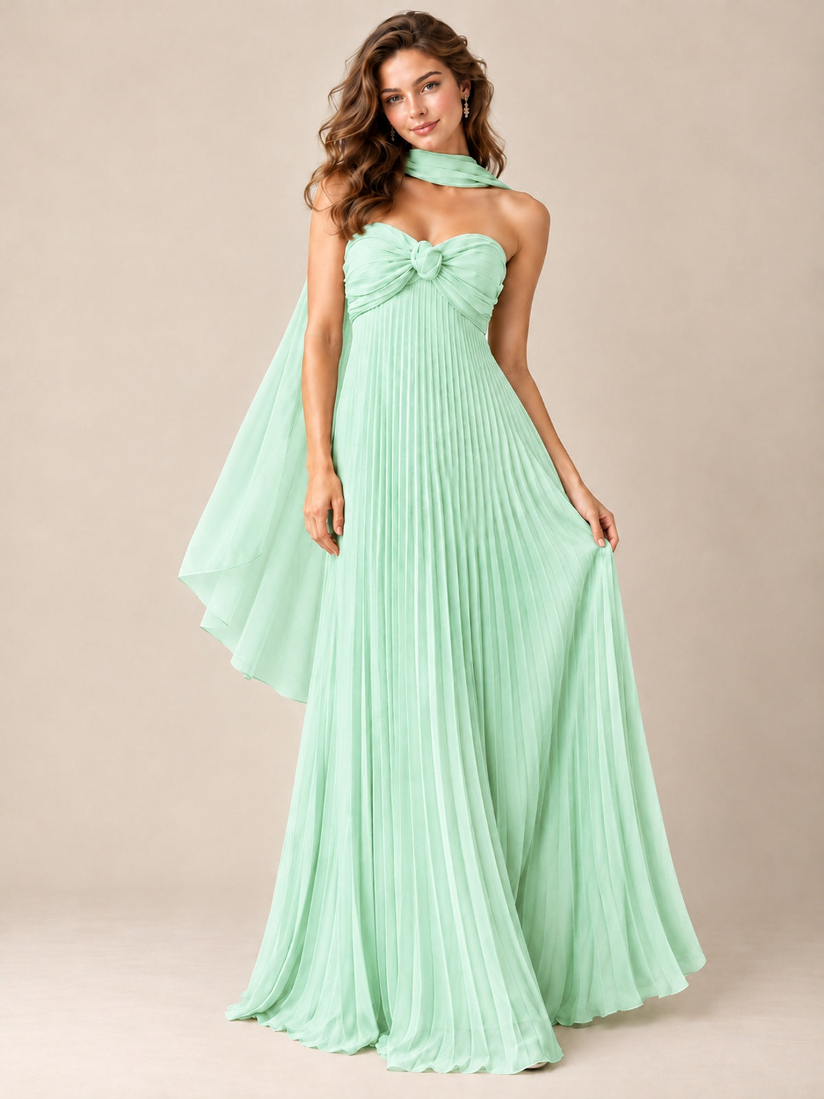 Sweetheart Neckline Pleated Prom Dress Strapless A-line Formal Dress with Flowy Scarf
