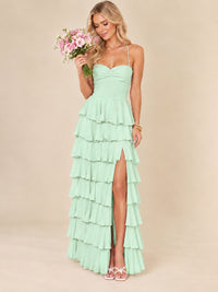 Ruffled Tiered Chiffon Prom Dress Spaghetti Straps Formal Maxi Dress with Slit