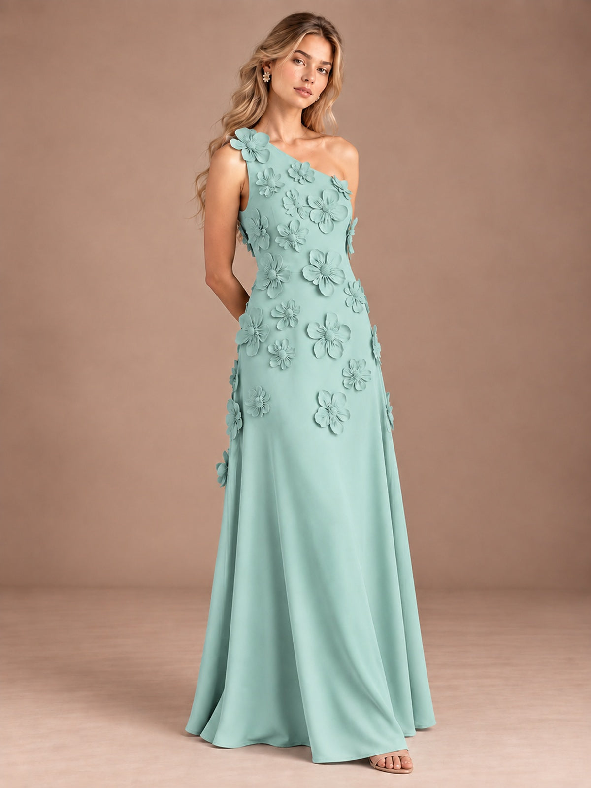 Sage Green One Shoulder Satin Formal Maxi Dress with 3D Floral