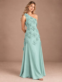 Sage Green One Shoulder Satin Formal Maxi Dress with 3D Floral