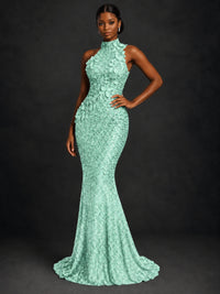 Sparkly Sequin High Neck Mermaid Prom Dress