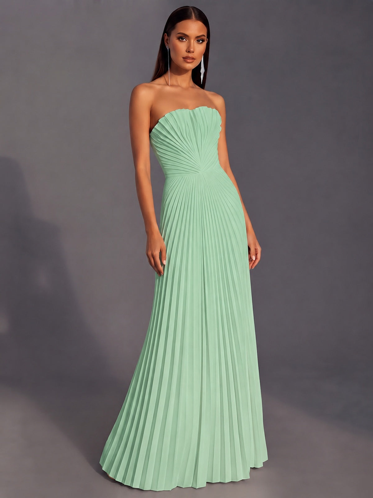 Strapless A-line Long Pleated Satin Prom Dress