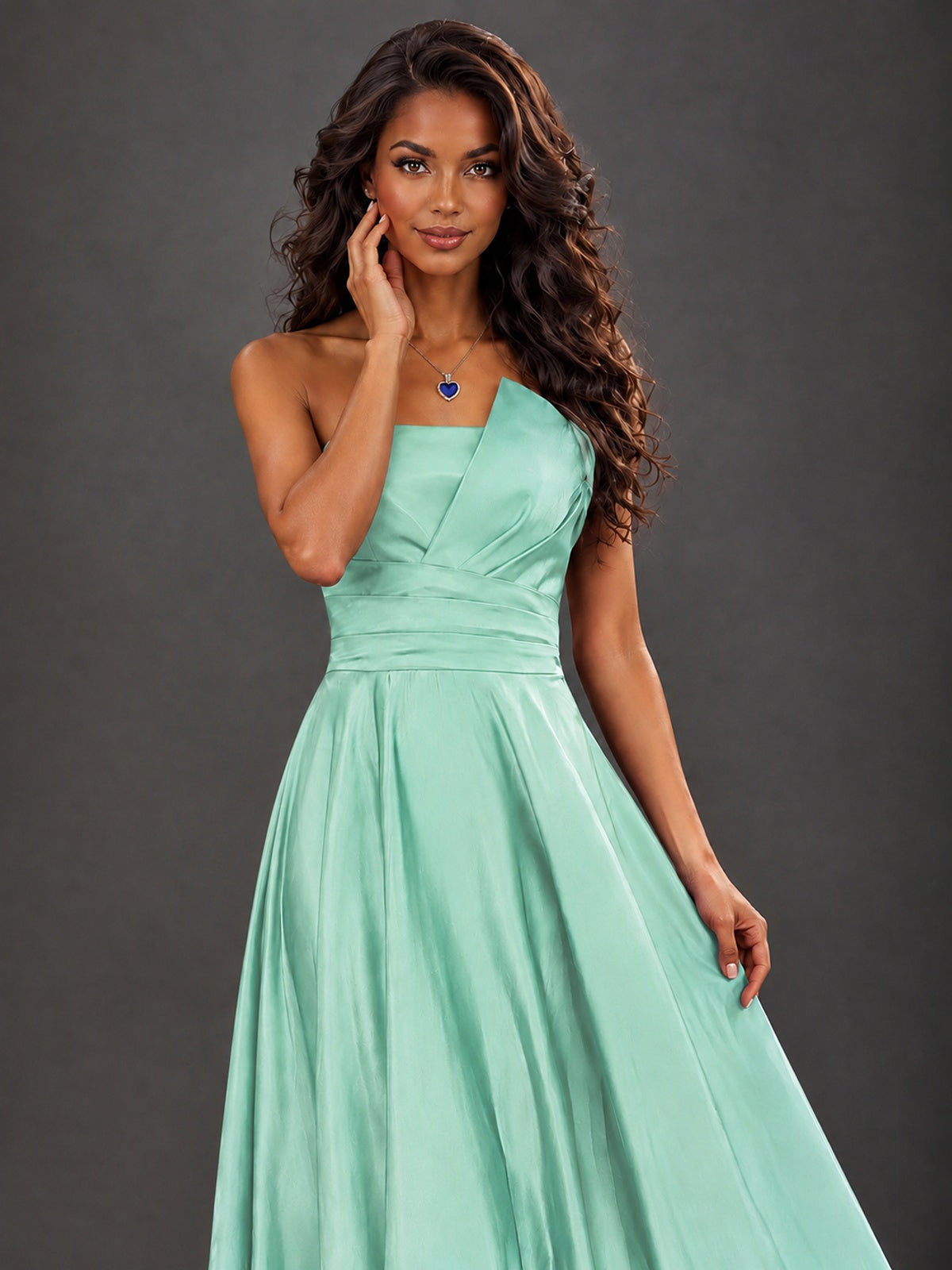 Draped Satin Prom Dress Strapless A-line Formal Dress Floor Length