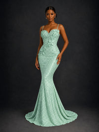 Sequin Mermaid Prom Dress with Floral Applique