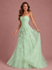 Blush Pink Strapless Sweetheart 3D Floral Tulle Ball Gown Prom Dres