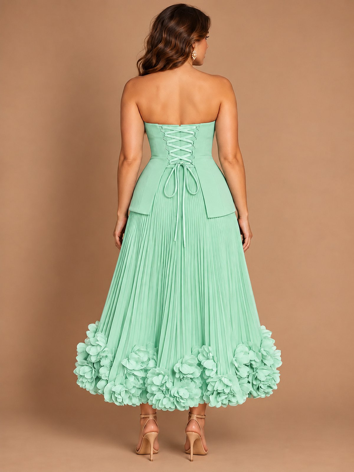 Navy Blue Strapless Pleated A-Line Midi Dress with 3D Floral Applique