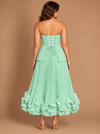 Navy Blue Strapless Pleated A-Line Midi Dress with 3D Floral Applique