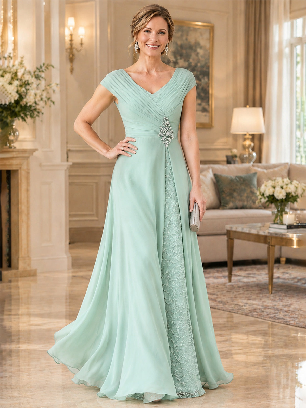 Pleated Chiffon Lace Mother of The Bride Dresses with Beading Cap Sleeves