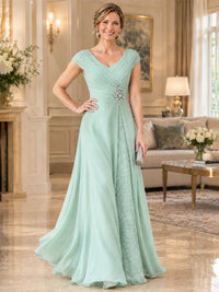 Pleated Chiffon Lace Mother of The Bride Dresses with Beading Cap Sleeves