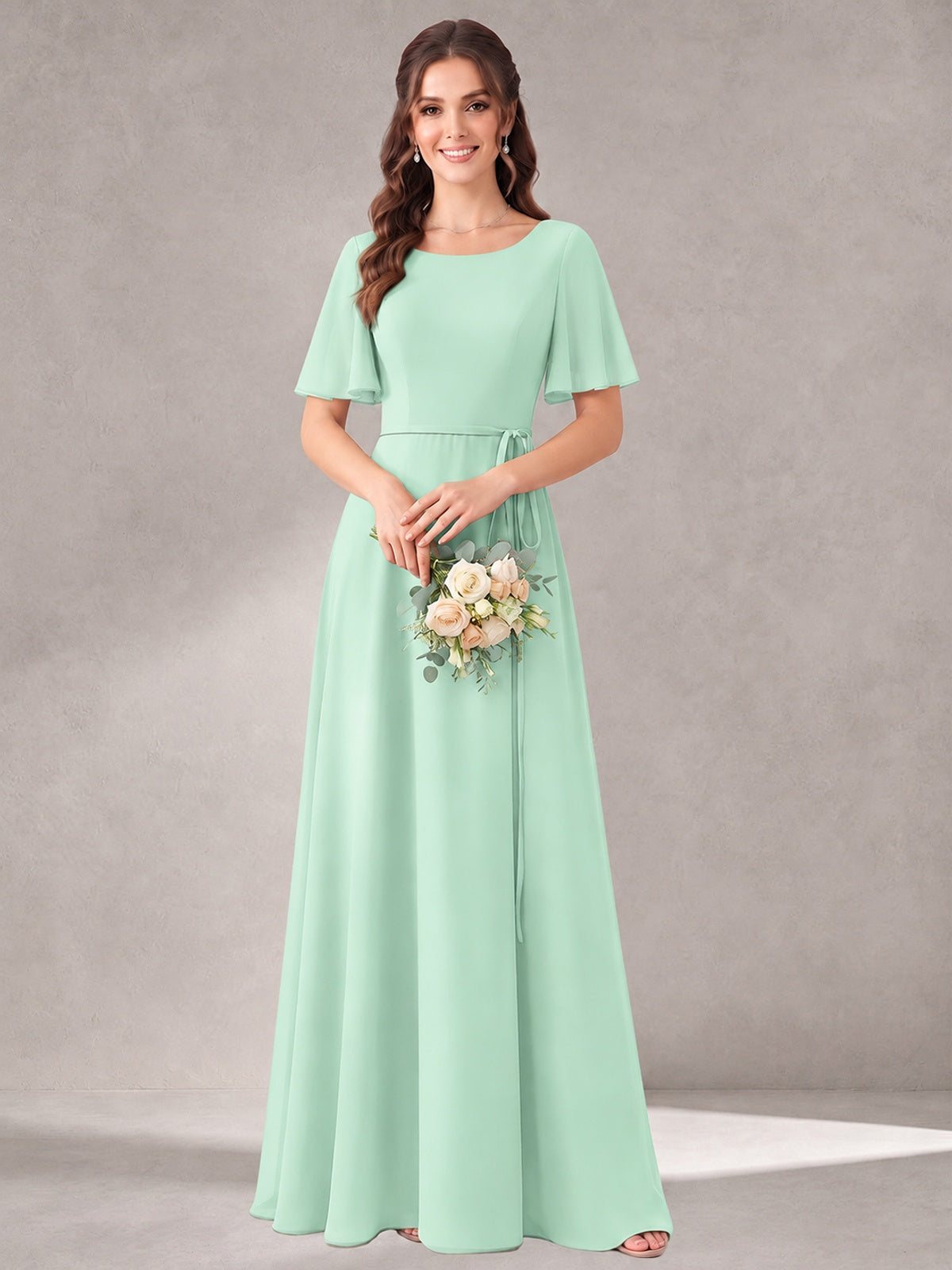 Scoop Neck A-line Chiffon Bridesmaid Dress with Flutter Sleeve & Belt