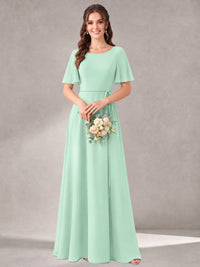 Scoop Neck A-line Chiffon Bridesmaid Dress with Flutter Sleeve & Belt