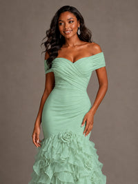 Pink Off-the-Shoulder Mermaid Prom Dress with Ruffles 3D Flowers