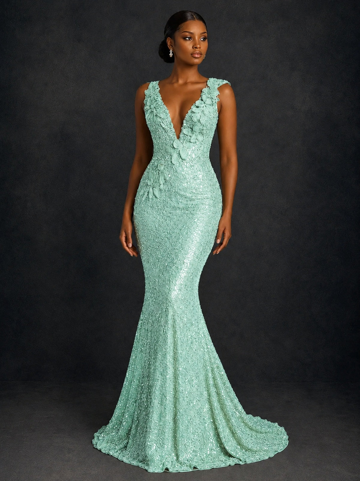 Gold Sequin Floral Applique Mermaid Prom Dress