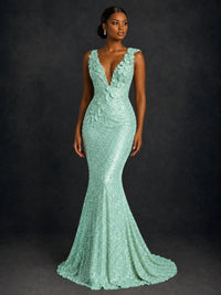 Gold Sequin Floral Applique Mermaid Prom Dress