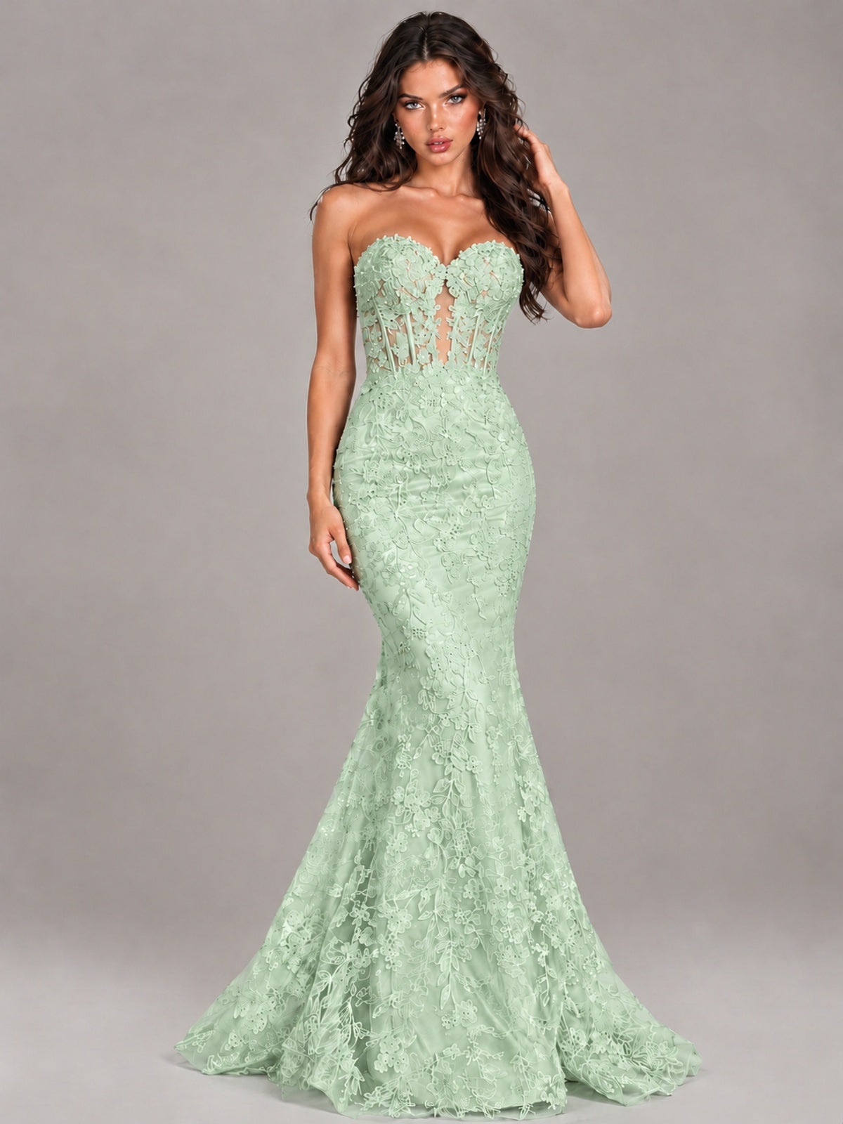 Strapless Corset Mermaid Prom Dress Lace Appliqué Formal Gown