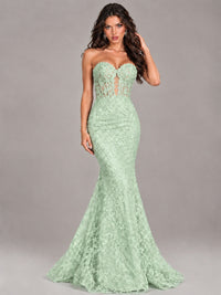 Strapless Corset Mermaid Prom Dress Lace Appliqué Formal Gown