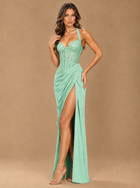 Sweetheart Halter Prom Dress Pleated Lace Floral Formal Dress with Slit