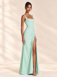 Square Neck Satin Sleeveless Ruched Prom Dress with High Slit